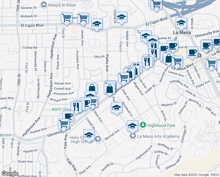 map of restaurants, bars, coffee shops, grocery stores, and more near 4530 Parks Avenue in La Mesa