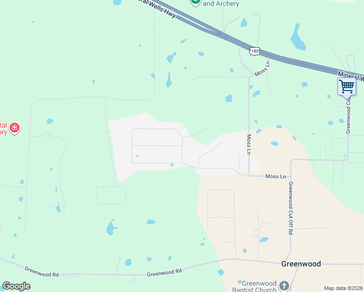 map of restaurants, bars, coffee shops, grocery stores, and more near Overton Ridge Circle in Weatherford