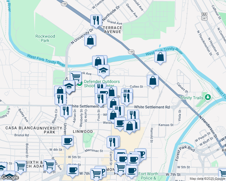 map of restaurants, bars, coffee shops, grocery stores, and more near 2625 Cullen Street in Fort Worth
