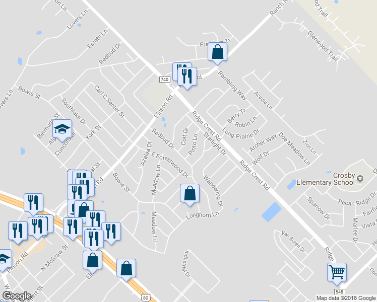 map of restaurants, bars, coffee shops, grocery stores, and more near 506 Pinto Lane in Forney