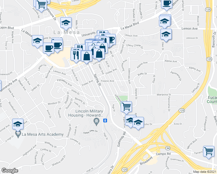map of restaurants, bars, coffee shops, grocery stores, and more near 4545 Palm Avenue in La Mesa
