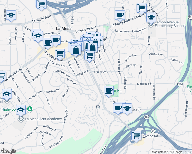 map of restaurants, bars, coffee shops, grocery stores, and more near 4551 Spring Street in La Mesa