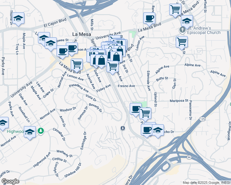 map of restaurants, bars, coffee shops, grocery stores, and more near 4551 Spring Street in La Mesa