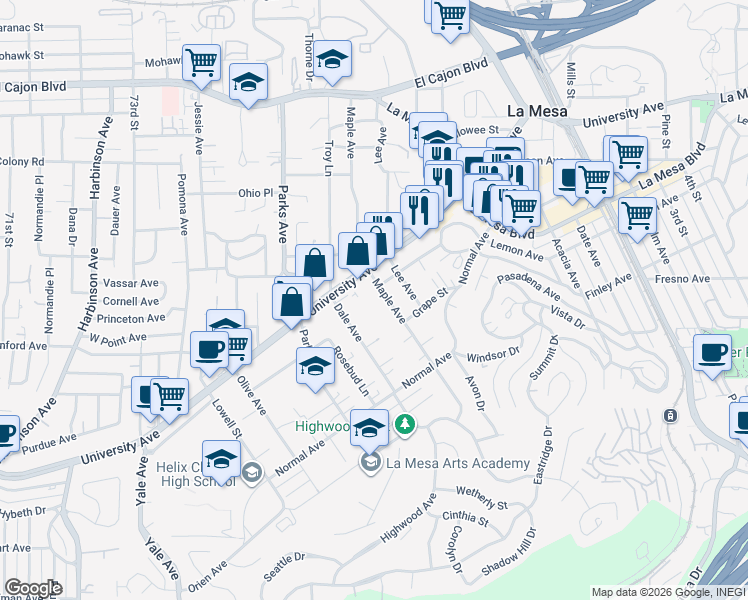 map of restaurants, bars, coffee shops, grocery stores, and more near 4563 Maple Avenue in La Mesa