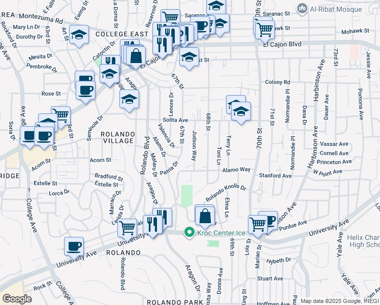 map of restaurants, bars, coffee shops, grocery stores, and more near 4572 Judson Way in La Mesa