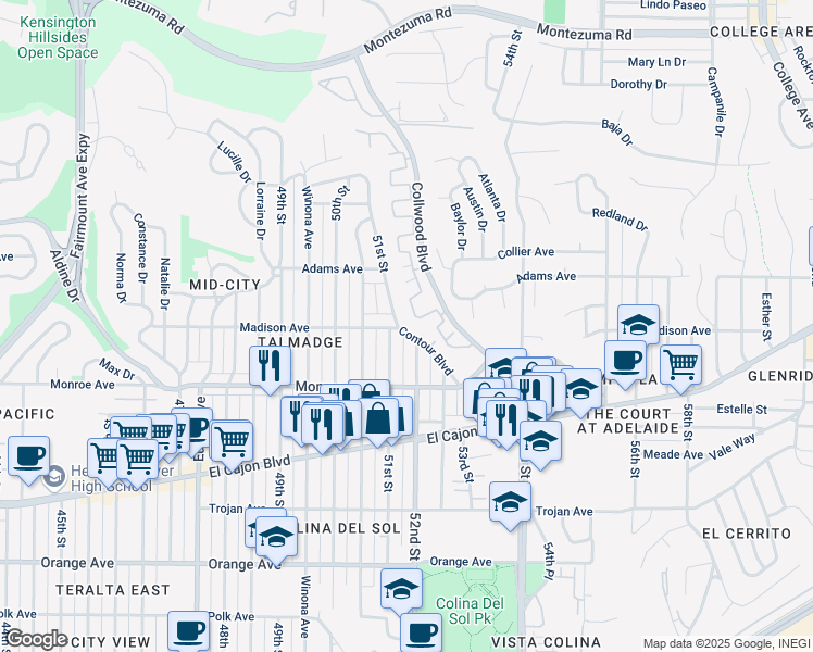 map of restaurants, bars, coffee shops, grocery stores, and more near 4619 51st Street in San Diego
