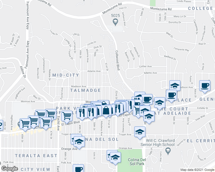 map of restaurants, bars, coffee shops, grocery stores, and more near 4615 Altadena Avenue in San Diego