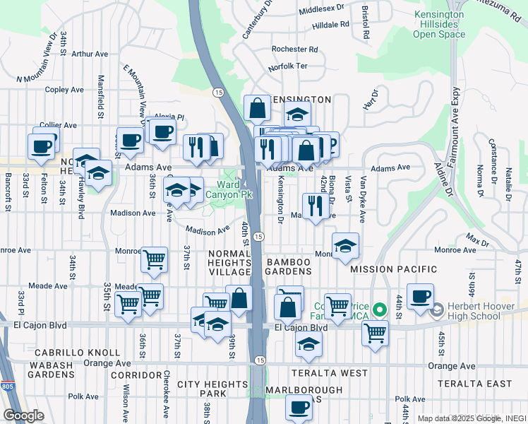map of restaurants, bars, coffee shops, grocery stores, and more near 4623 Terrace Drive in San Diego