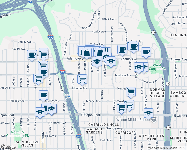 map of restaurants, bars, coffee shops, grocery stores, and more near 4621 Felton Street in San Diego