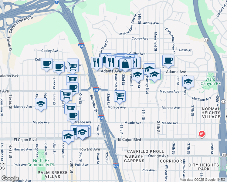 map of restaurants, bars, coffee shops, grocery stores, and more near 4621 32nd Street in San Diego