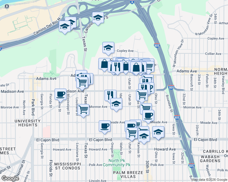 map of restaurants, bars, coffee shops, grocery stores, and more near 2716 Madison Avenue in San Diego