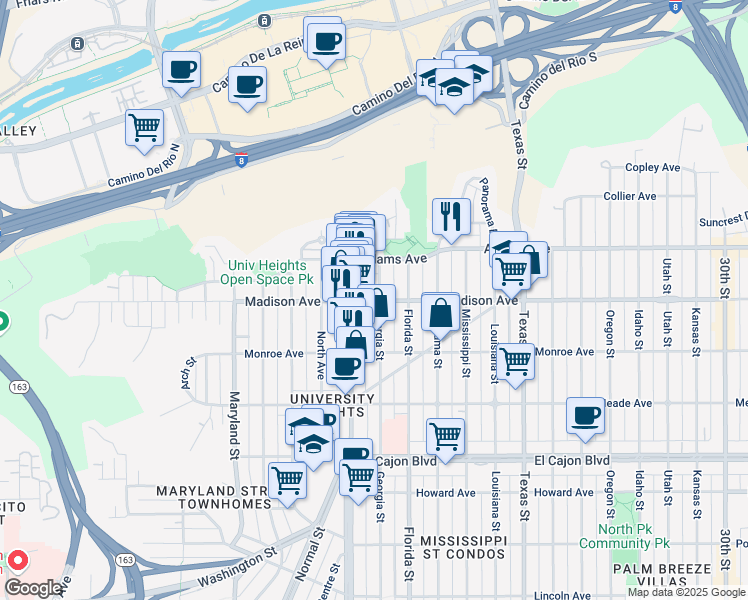 map of restaurants, bars, coffee shops, grocery stores, and more near 4628 Georgia Street in San Diego