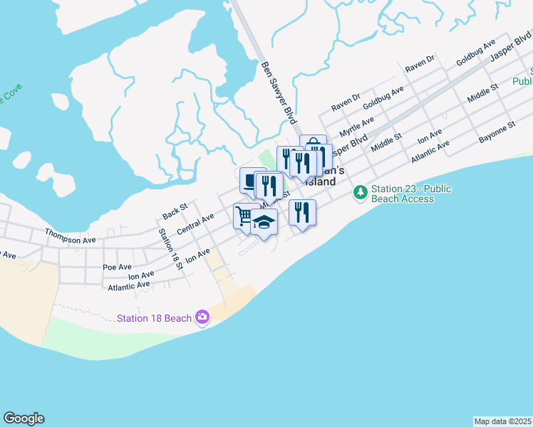 map of restaurants, bars, coffee shops, grocery stores, and more near 2067 Middle Street in Sullivan's Island