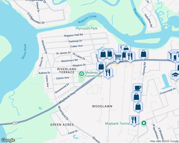 map of restaurants, bars, coffee shops, grocery stores, and more near 2060 Medway Road in Charleston