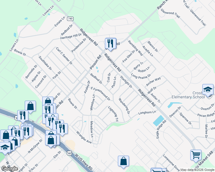 map of restaurants, bars, coffee shops, grocery stores, and more near 503 Colt Drive in Forney