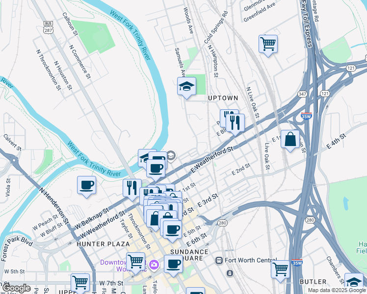 map of restaurants, bars, coffee shops, grocery stores, and more near 701 East Bluff Street in Fort Worth