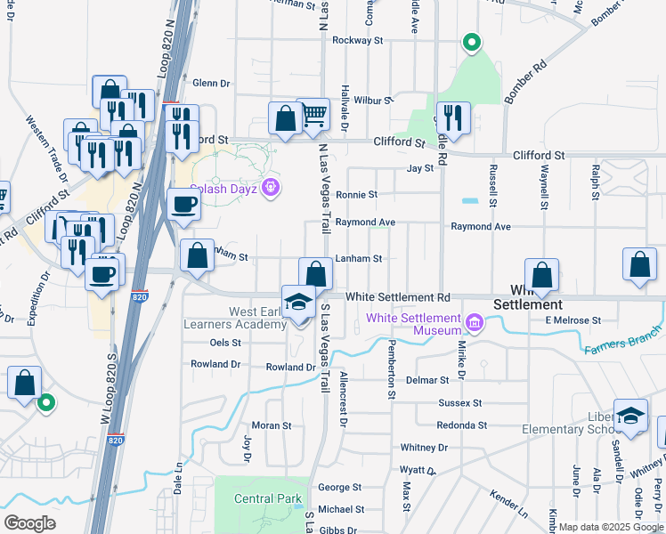 map of restaurants, bars, coffee shops, grocery stores, and more near 200 North Las Vegas Trail in White Settlement