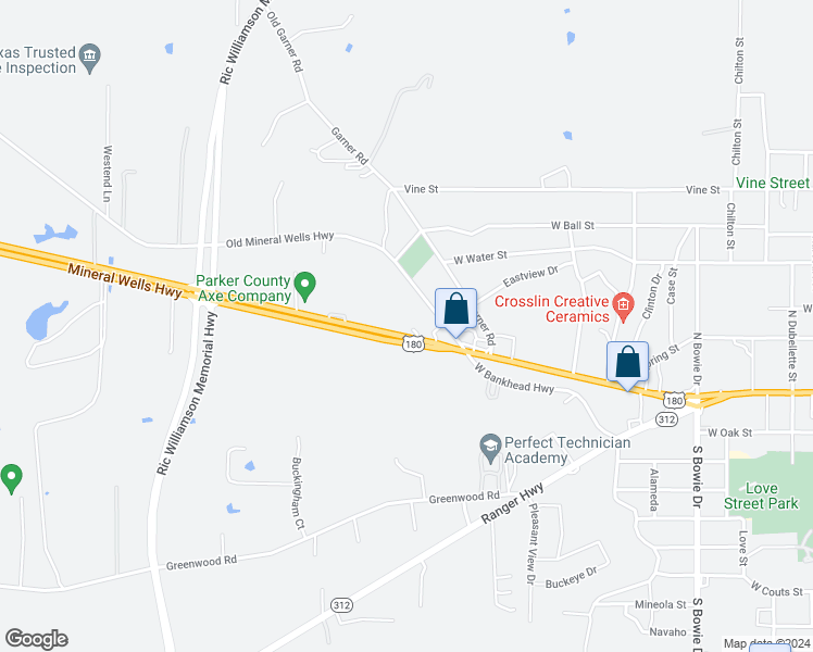 map of restaurants, bars, coffee shops, grocery stores, and more near 1515 West Bankhead Highway in Weatherford