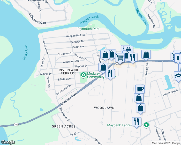 map of restaurants, bars, coffee shops, grocery stores, and more near 2065 Medway Road in Charleston