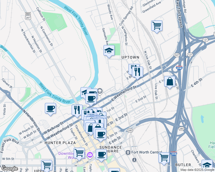 map of restaurants, bars, coffee shops, grocery stores, and more near 701 East Bluff Street in Fort Worth