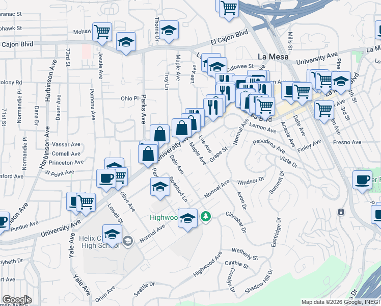 map of restaurants, bars, coffee shops, grocery stores, and more near 4563 Maple Avenue in La Mesa