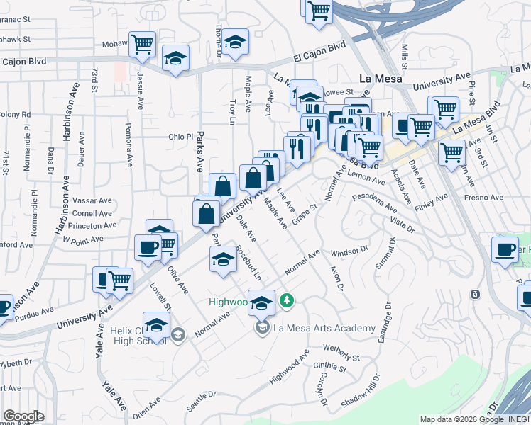 map of restaurants, bars, coffee shops, grocery stores, and more near 4563 Maple Avenue in La Mesa