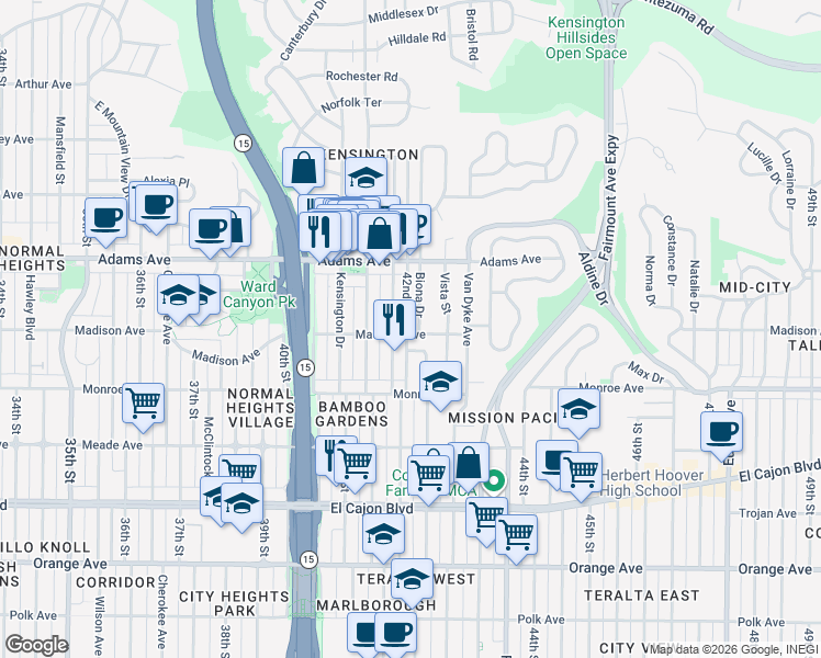 map of restaurants, bars, coffee shops, grocery stores, and more near 4202 Madison Avenue in San Diego