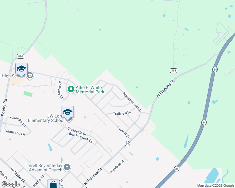 map of restaurants, bars, coffee shops, grocery stores, and more near 1828 Ridgecrest Drive in Terrell