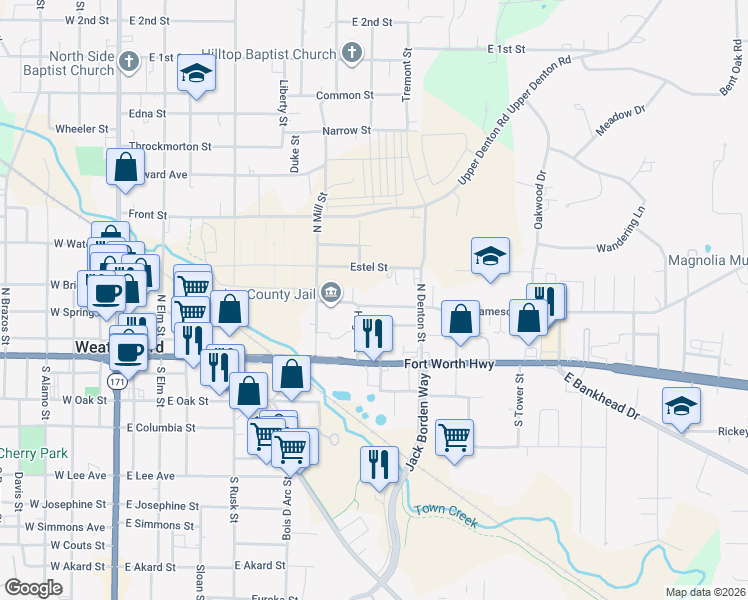 map of restaurants, bars, coffee shops, grocery stores, and more near 711 Jameson Street in Weatherford