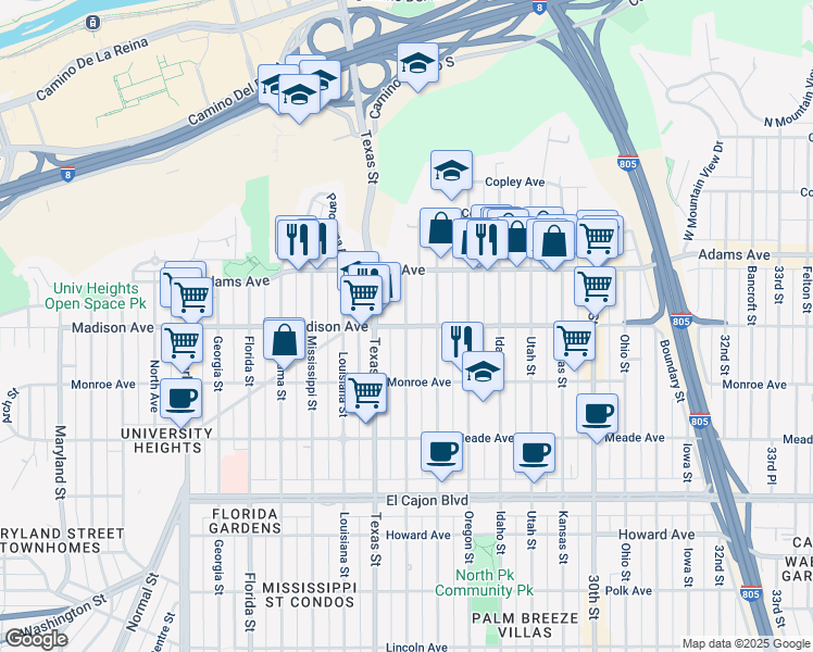 map of restaurants, bars, coffee shops, grocery stores, and more near Madison Avenue & Arizona Street in San Diego