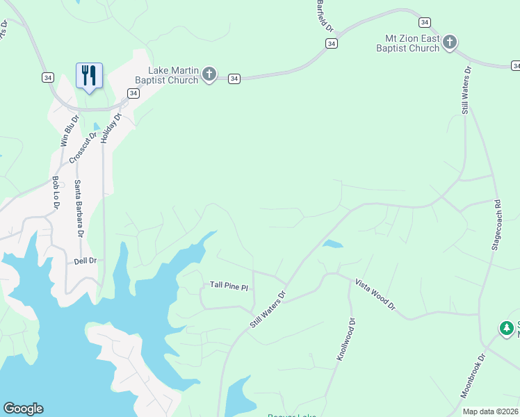 map of restaurants, bars, coffee shops, grocery stores, and more near 184 Fern Ridge Lane in Dadeville