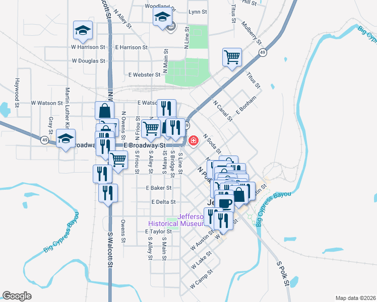 map of restaurants, bars, coffee shops, grocery stores, and more near 605 East Broadway Street in Jefferson
