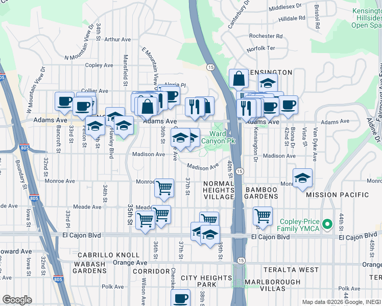 map of restaurants, bars, coffee shops, grocery stores, and more near 3750 Ward Road in San Diego