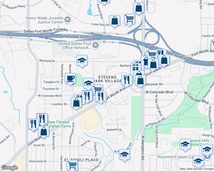 map of restaurants, bars, coffee shops, grocery stores, and more near 1219 Walter Drive in Dallas