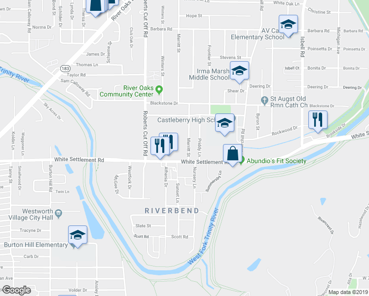 map of restaurants, bars, coffee shops, grocery stores, and more near 125 Merritt Street in Fort Worth