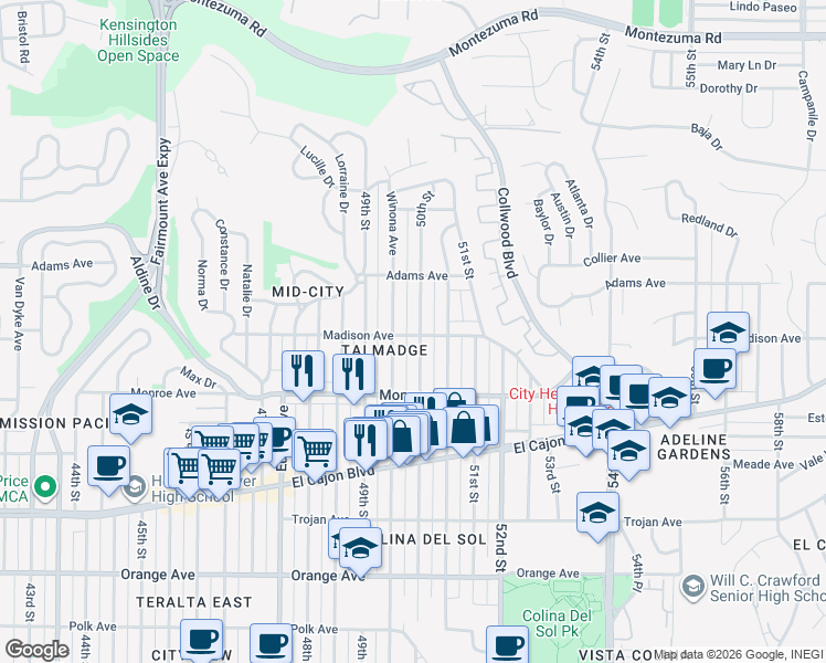 map of restaurants, bars, coffee shops, grocery stores, and more near 4628 50th Street in San Diego