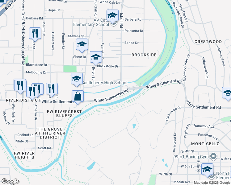 map of restaurants, bars, coffee shops, grocery stores, and more near 4601 Rockwood Drive in Fort Worth