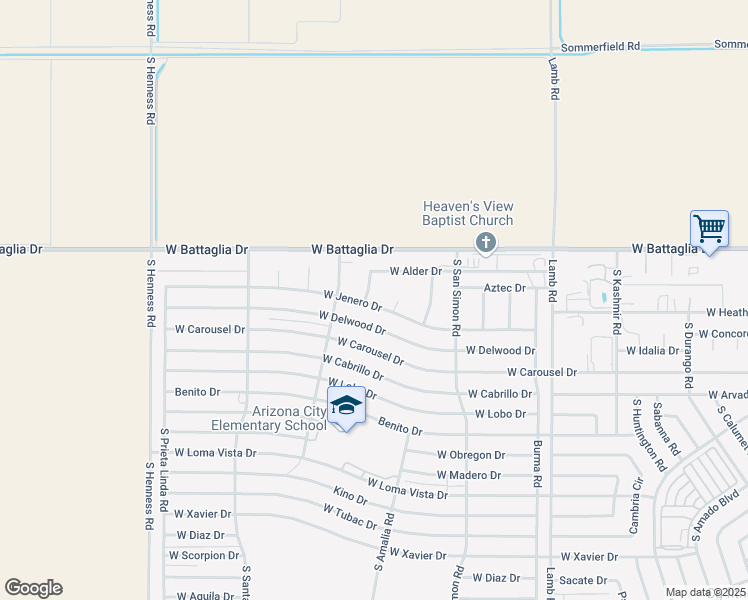 map of restaurants, bars, coffee shops, grocery stores, and more near 11951 West Alder Drive in Arizona City