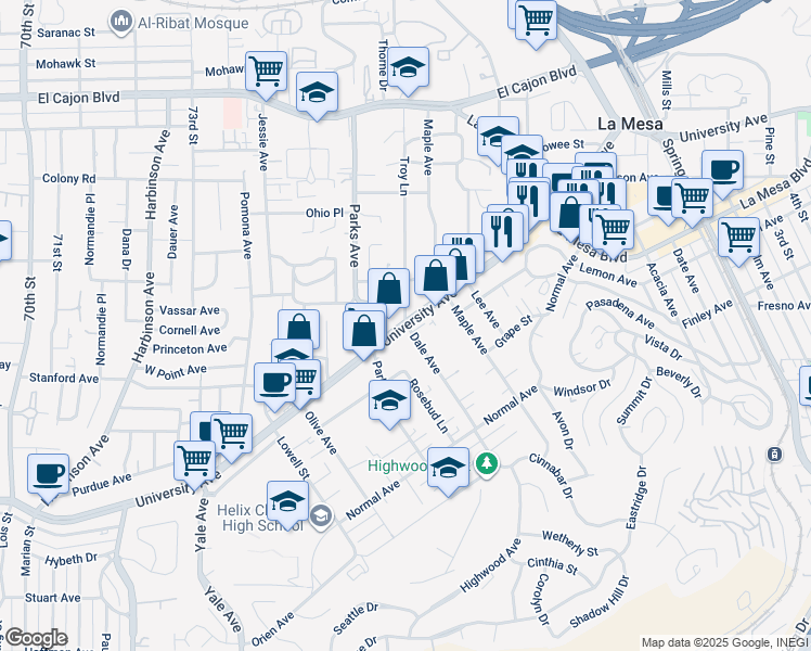 map of restaurants, bars, coffee shops, grocery stores, and more near 7708 University Avenue in La Mesa