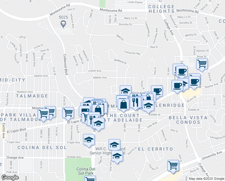 map of restaurants, bars, coffee shops, grocery stores, and more near 4657 Cajon Way in San Diego