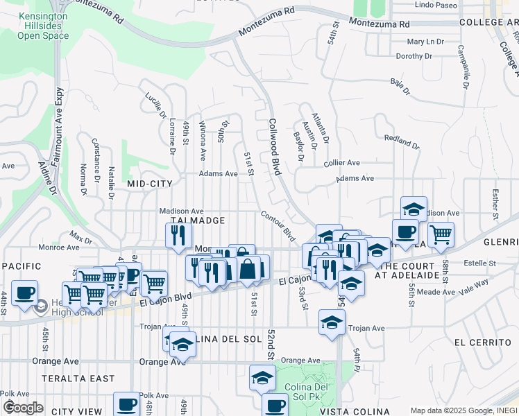 map of restaurants, bars, coffee shops, grocery stores, and more near 4619 51st Street in San Diego