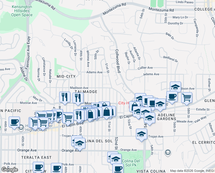 map of restaurants, bars, coffee shops, grocery stores, and more near 4615 Altadena Avenue in San Diego