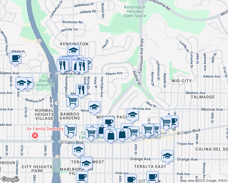 map of restaurants, bars, coffee shops, grocery stores, and more near 4610 East Talmadge Drive in San Diego