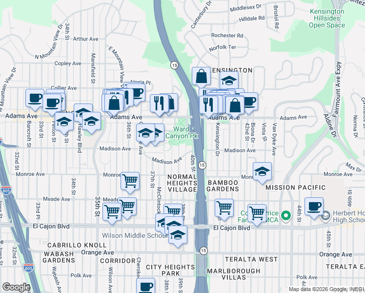 map of restaurants, bars, coffee shops, grocery stores, and more near 3859 Edna Place in San Diego