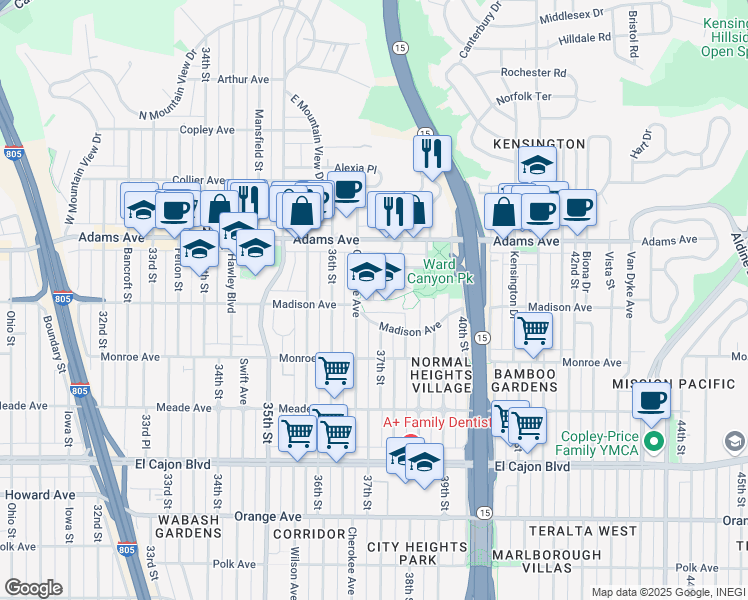 map of restaurants, bars, coffee shops, grocery stores, and more near 4609 East Mountain View Drive in San Diego