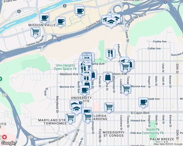 map of restaurants, bars, coffee shops, grocery stores, and more near 4628 Georgia Street in San Diego