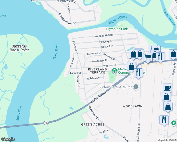 map of restaurants, bars, coffee shops, grocery stores, and more near 2181 Wappoo Drive in Charleston