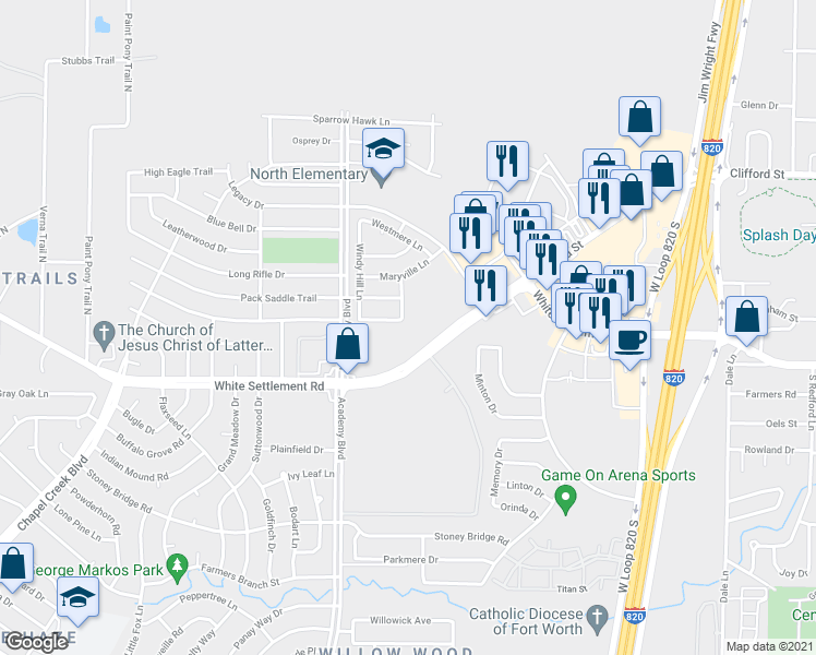 map of restaurants, bars, coffee shops, grocery stores, and more near 308 Pepperwood Tr in Fort Worth