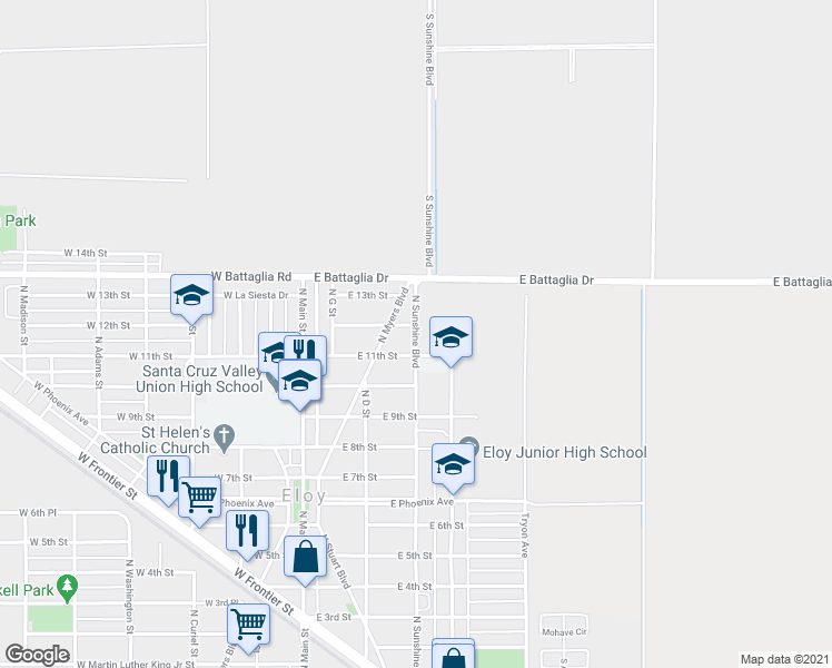 map of restaurants, bars, coffee shops, grocery stores, and more near 1112 North Sunshine Boulevard in Eloy