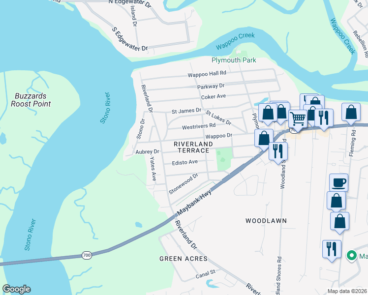 map of restaurants, bars, coffee shops, grocery stores, and more near in Charleston